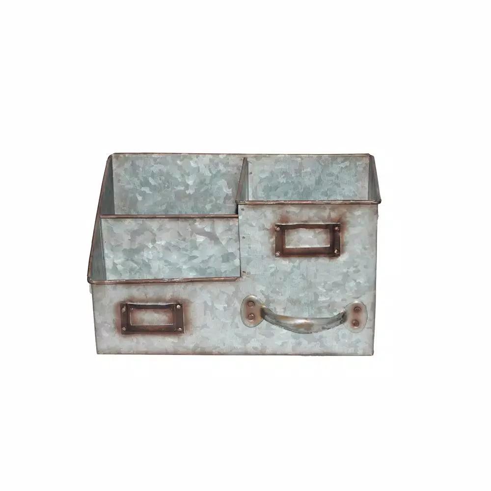Benzara 3-Bin Galvanized Metal Tissue Box and Organizer with Label Slots