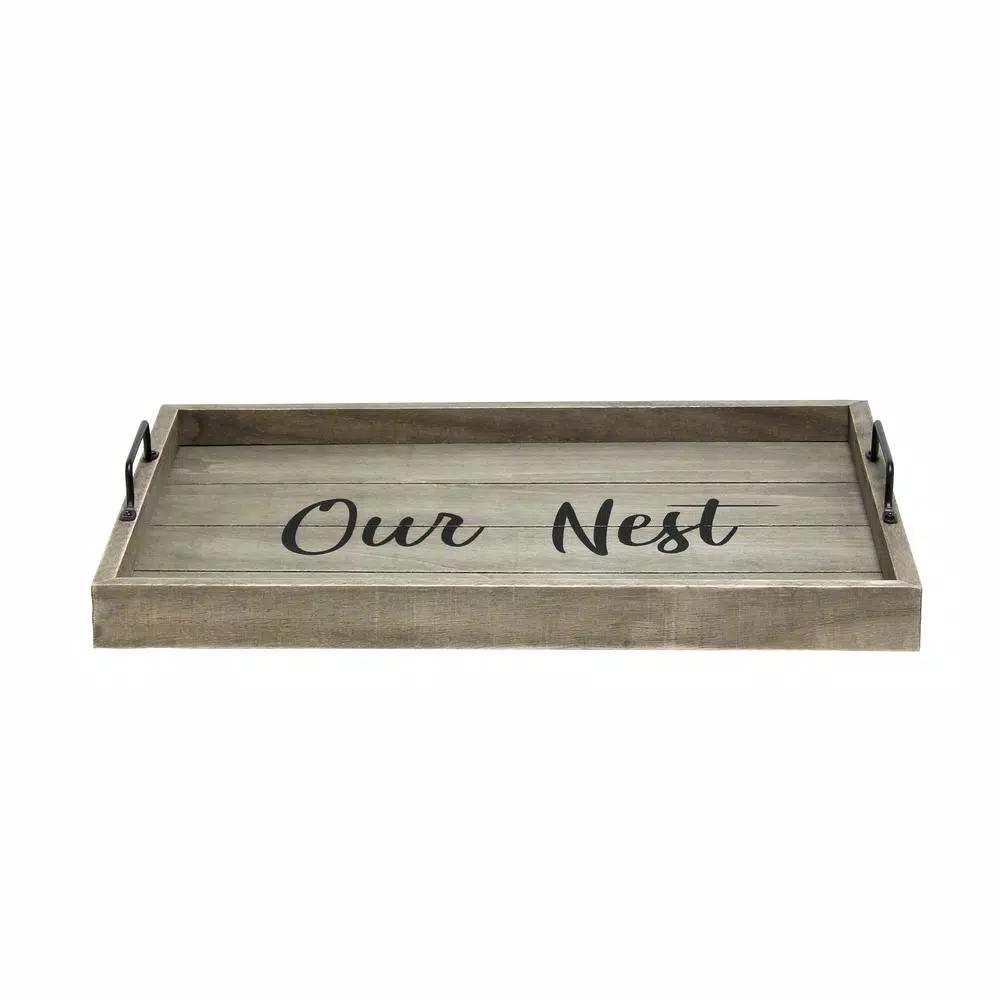 Elegant Designs Our Nest Rustic Gray Wooden Decorative Serving Tray with Black Metal Handles