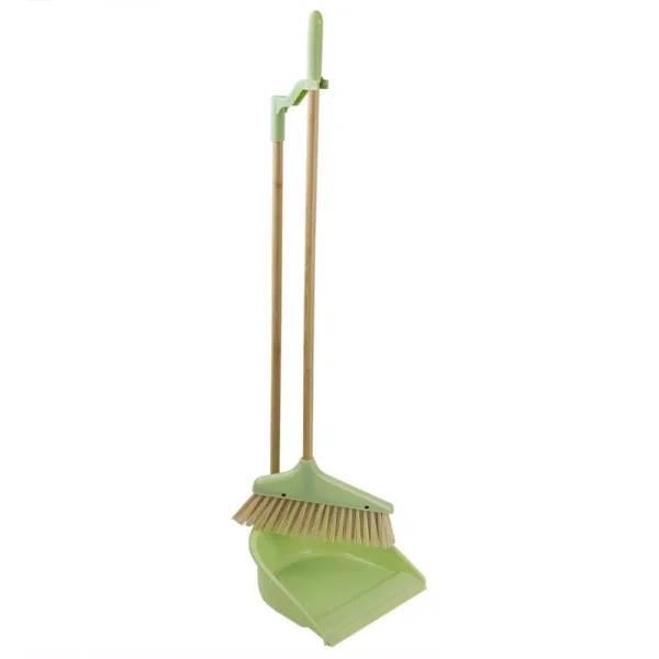 Home Basics 10 in. Green Bamboo Broom and Dustpan Set with Angled Nylon Bristles