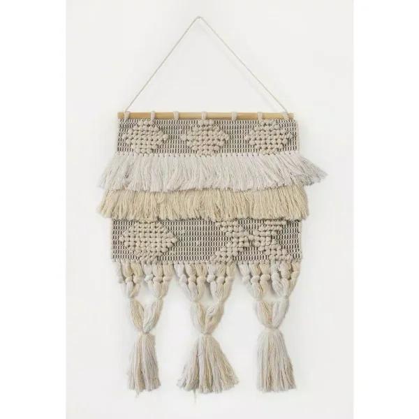 LR Home Bohemian Neutral Ivory Tasseled Wall Tapestry - Hand Woven Cotton Wall Hanging