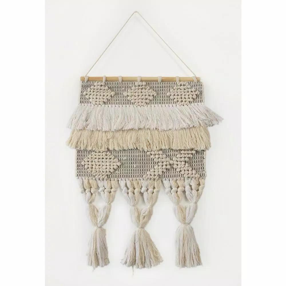 LR Home Bohemian Neutral Ivory Tasseled Wall Tapestry - Hand Woven Cotton Wall Hanging