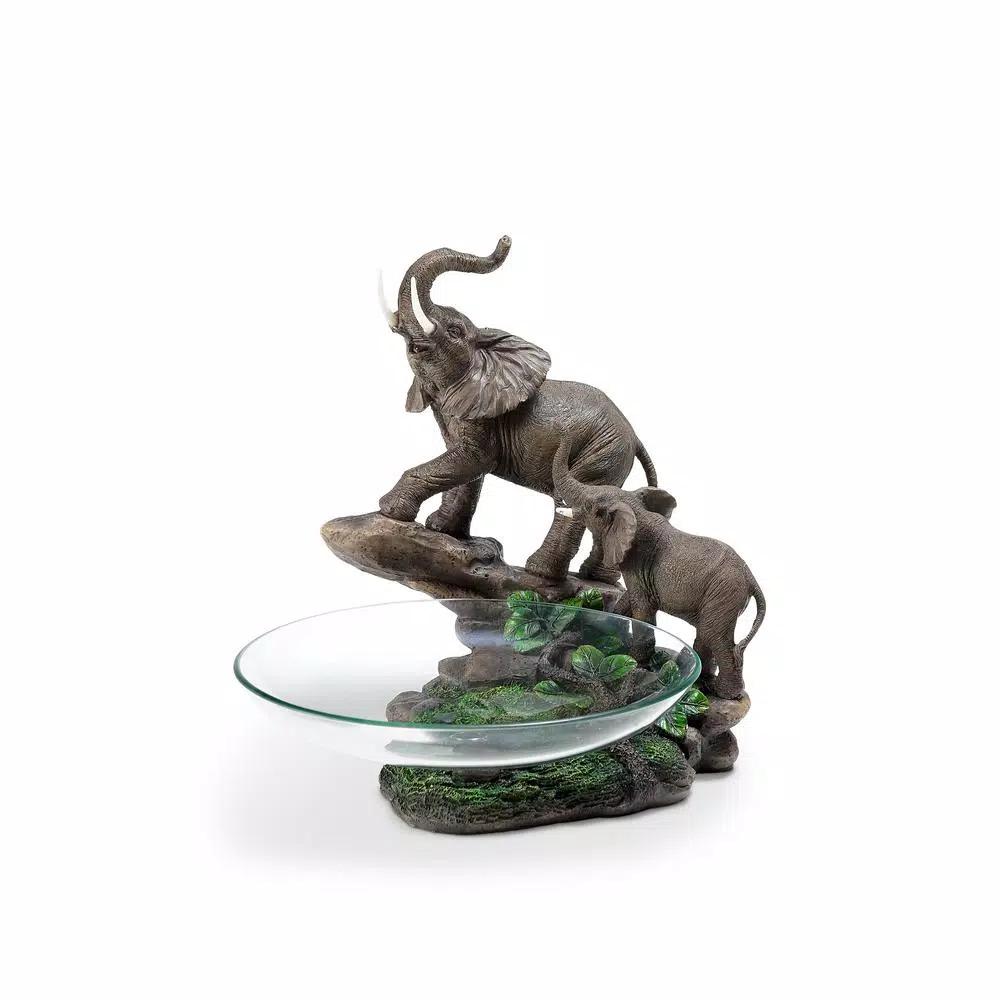 ORE International 10.5 in. Elephant Resin Candy Dish with Glass Bowl - Mother and Calf Sculpture