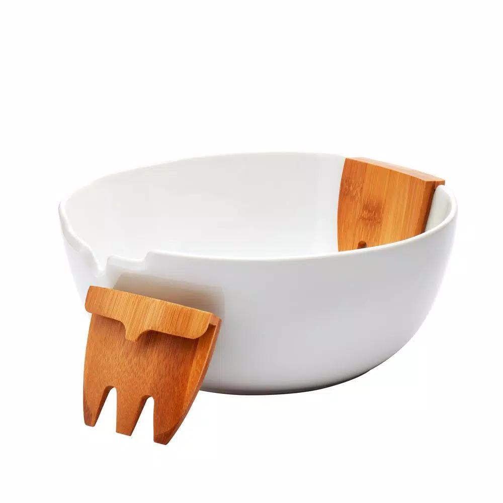 Unbranded 3-Piece White Porcelain Salad Bowl Set with Bamboo Servers
