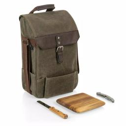 Picnic Time Khaki Green Waxed Canvas 2-Bottle Wine Cooler Bag and Acacia Wood Cheese Board Set thumbnail 2