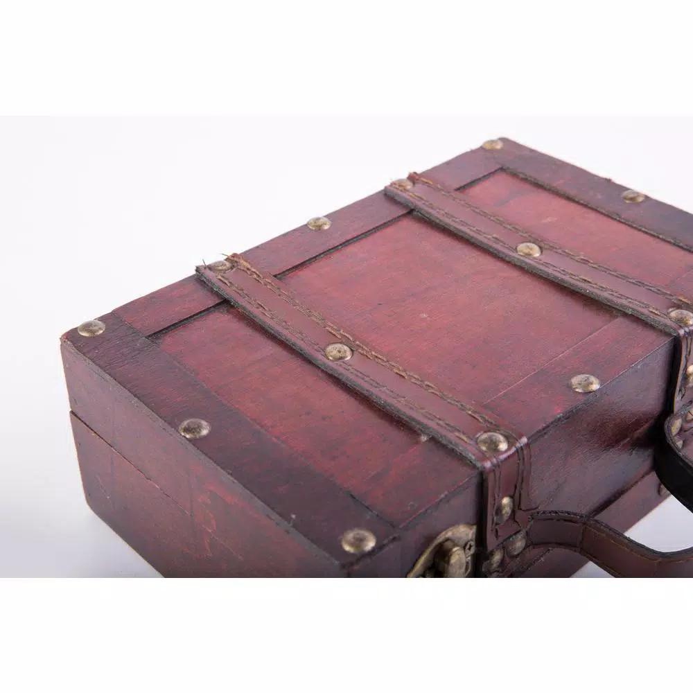 Vintiquewise Antique Style Small Wooden Suitcase Decorative Box with Leather Straps and Cherry Finish