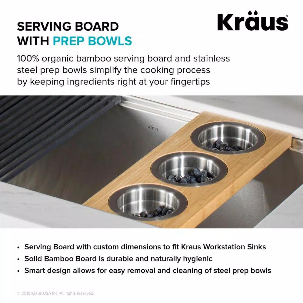 Kraus 16.75 in. Bamboo Workstation Kitchen Sink Serving Board Set with 3 Stainless Steel Prep Bowls