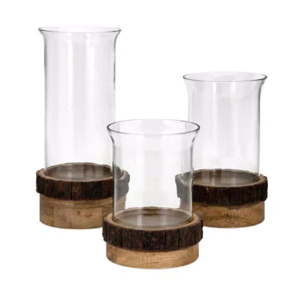 IMAX Damari Mango Wood and Glass Pillar Candle Holder Set of 3, Rustic Style