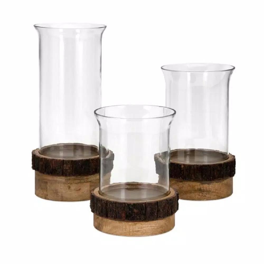 IMAX Damari Mango Wood and Glass Pillar Candle Holder Set of 3, Rustic Style