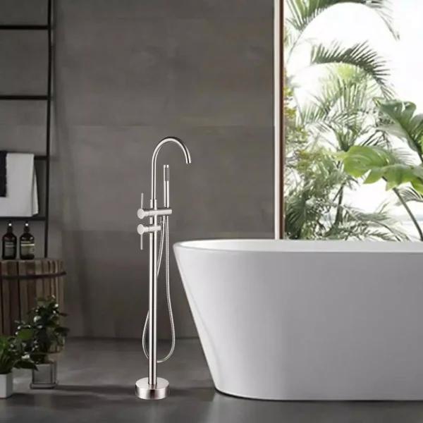Vanity Art 46 in. Freestanding Single Handle Claw Foot Tub Faucet with Hand Shower, Brushed Nickel
