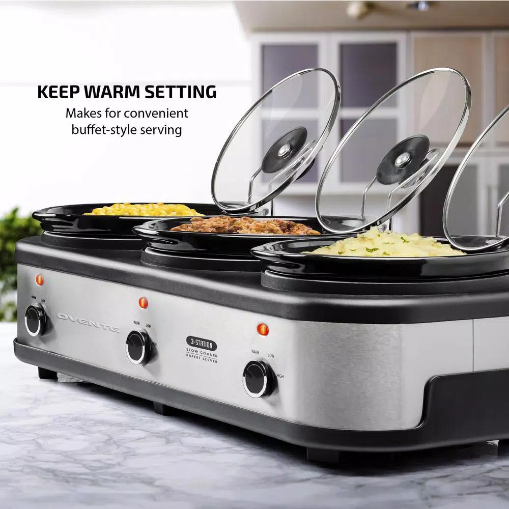 OVENTE 3-Station Slow Cooker and Buffet Server, 4.5 Qt. Silver Stainless Steel