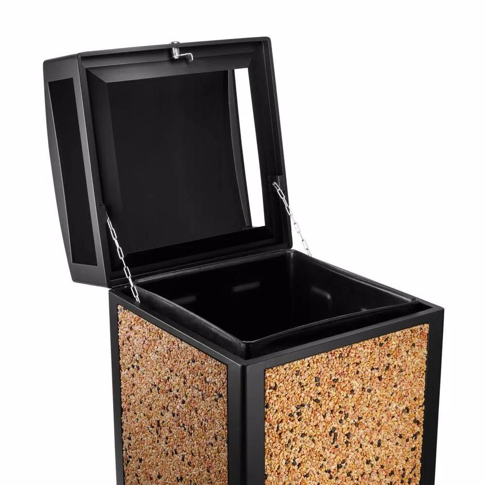 Alpine Industries 40 Gal. Steel Stone Panel Outdoor Commercial Trash Can with Lockable Lid