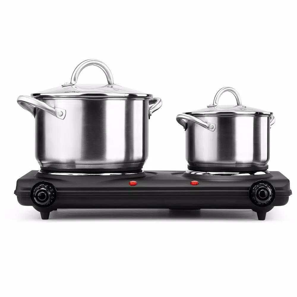 Continental Electric Portable 2-Burner Black Hot Plate with Cast Iron Plates and Adjustable Temperature Controls