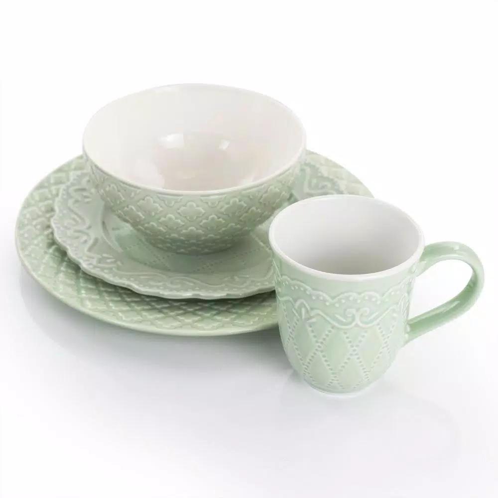 Gibson Home Quilted Eyelet 16-Piece Fine Ceramic Dinnerware Set, Light Grey, Service for 4