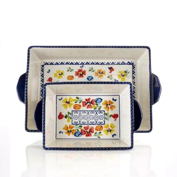 Gibson Elite Luxembourg 2-Piece Rectangular Stoneware Bakeware Set, Floral Design