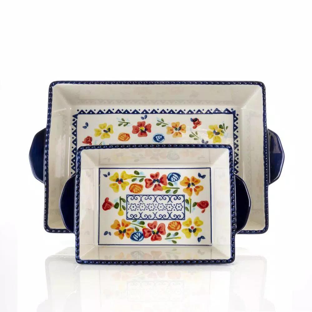 Gibson Elite Luxembourg 2-Piece Rectangular Stoneware Bakeware Set, Floral Design