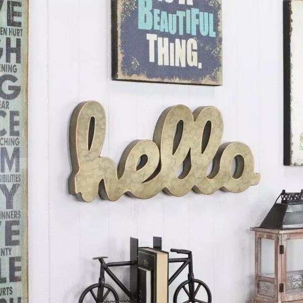 Cheungs Gold Hello Cursive Metal Sign - Galvanized Steel Farmhouse Wall and Tabletop Decor