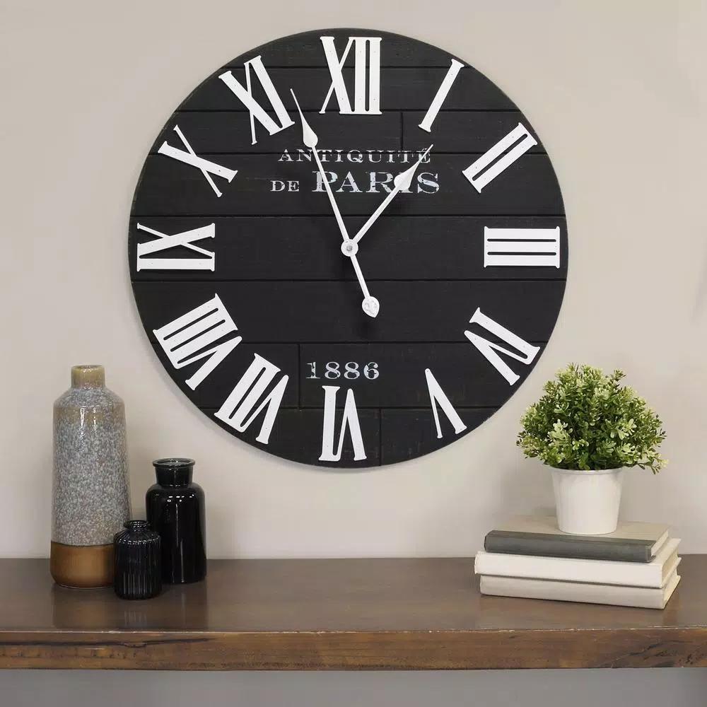Stratton Home Decor 24 in. Vincent Black and White Wood Wall Clock
