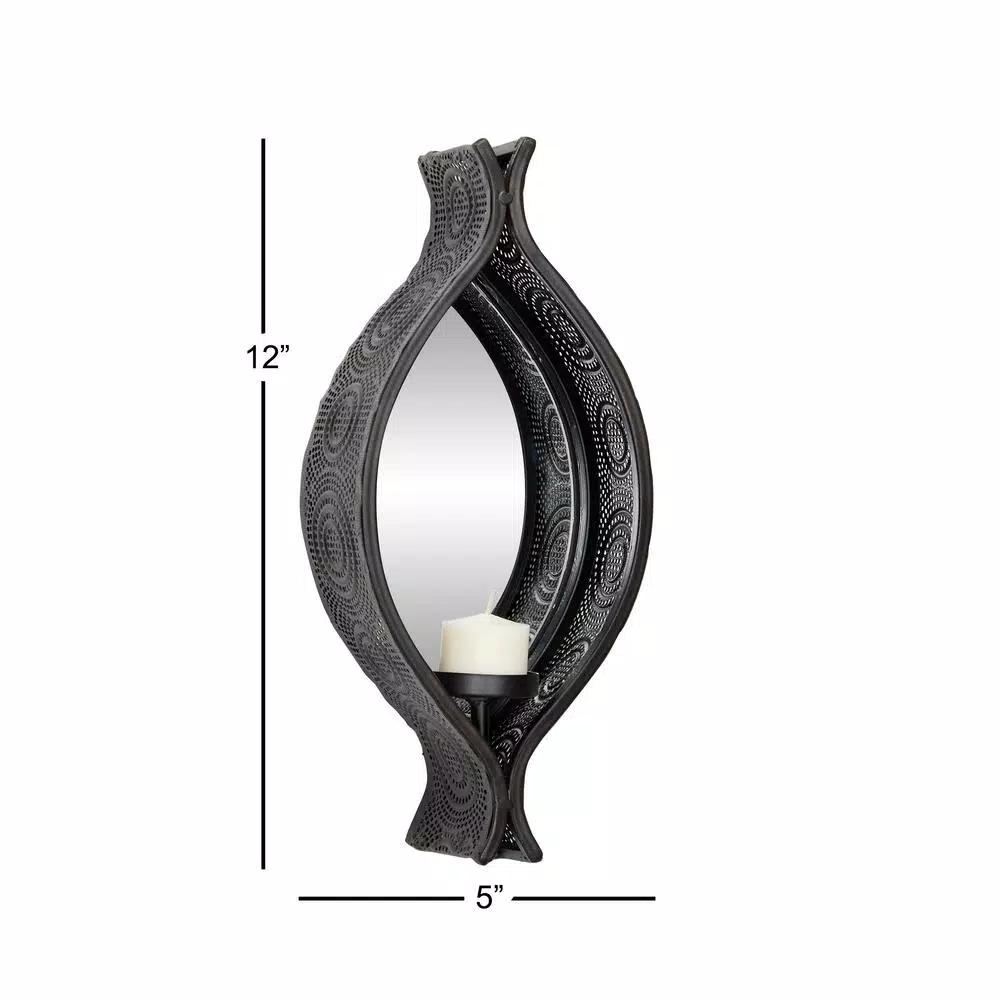 LITTON LANE Eclectic Black Metal Mesh Ellipse Wall Sconces with Mirror Inlays, Set of 2