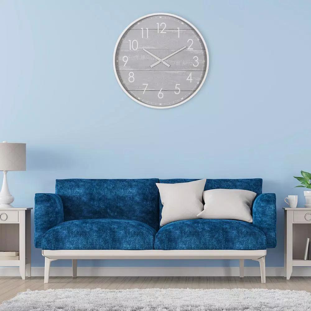 Pinnacle 28 in. Gray Washed Wood Plank Round Wall Clock - Rustic Farmhouse Decor