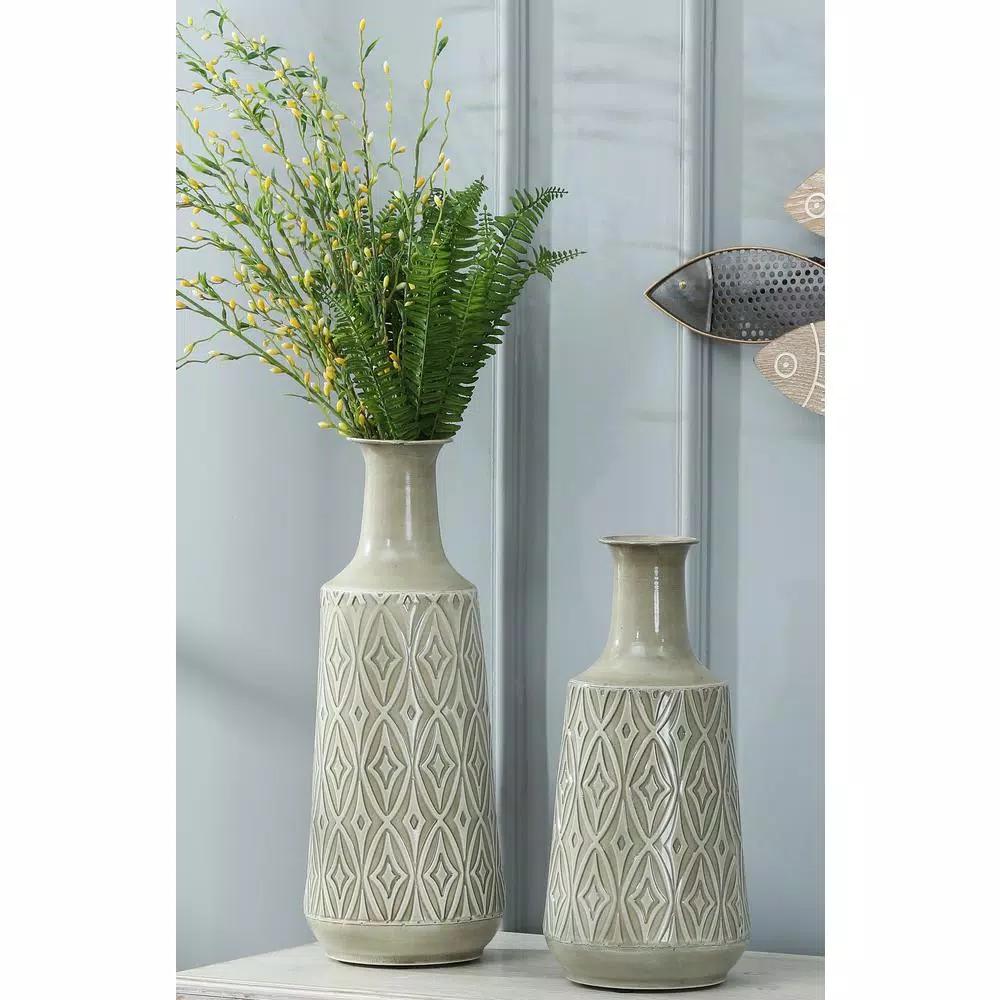 Winsome House 2-Piece Green-Gray Metal Damask Urn Vase Set