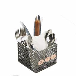 Mind Reader Black Metal 4-Compartment Utensil Basket with Wood Handle - Flatware & Cutlery Organizer thumbnail 3
