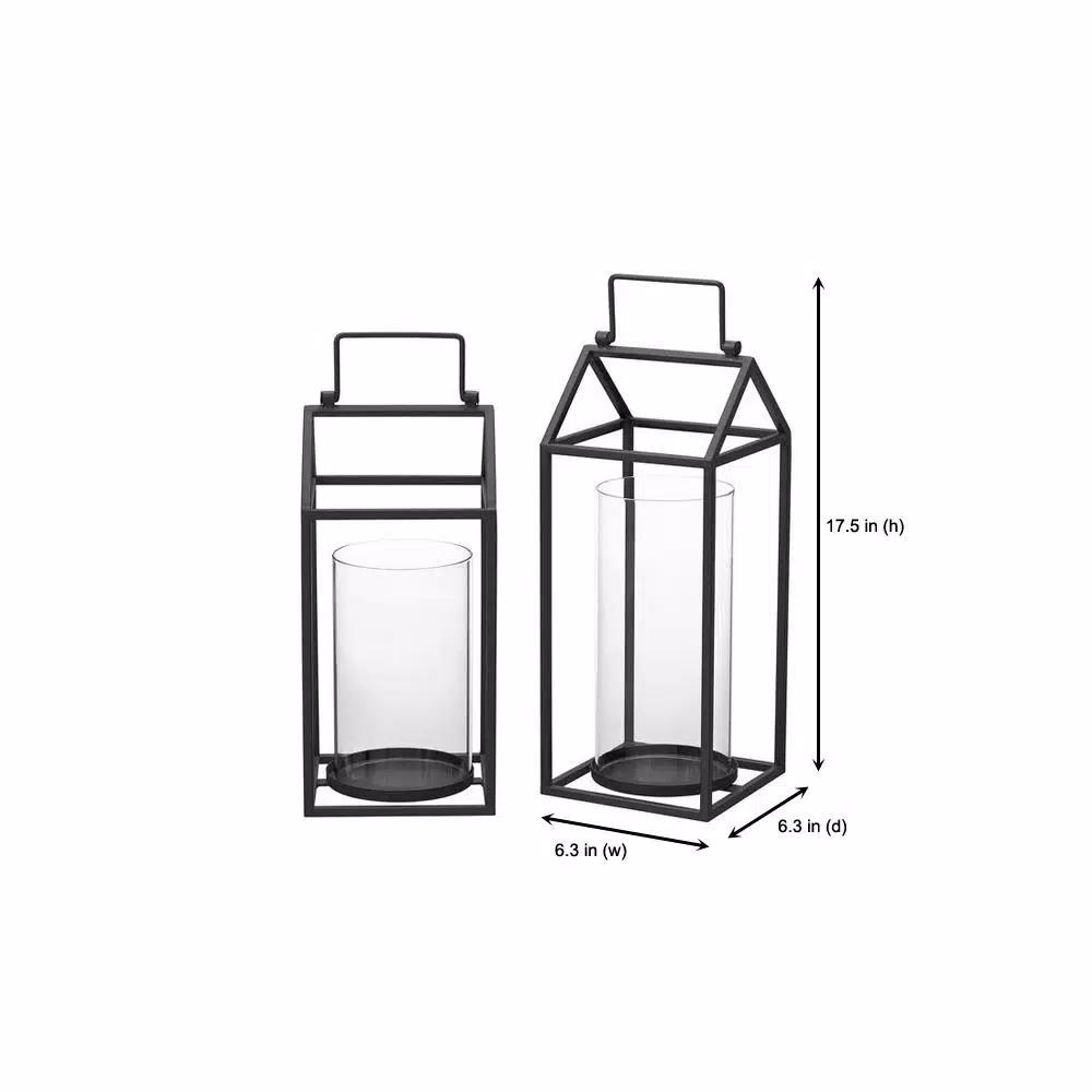 StyleWell Black Metal and Glass Candle Lantern Set of 2, Hanging or Tabletop
