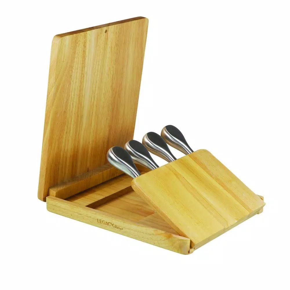Legacy Asiago Folding Rubberwood Cutting Board and 4-Piece Stainless Steel Cheese Tool Set