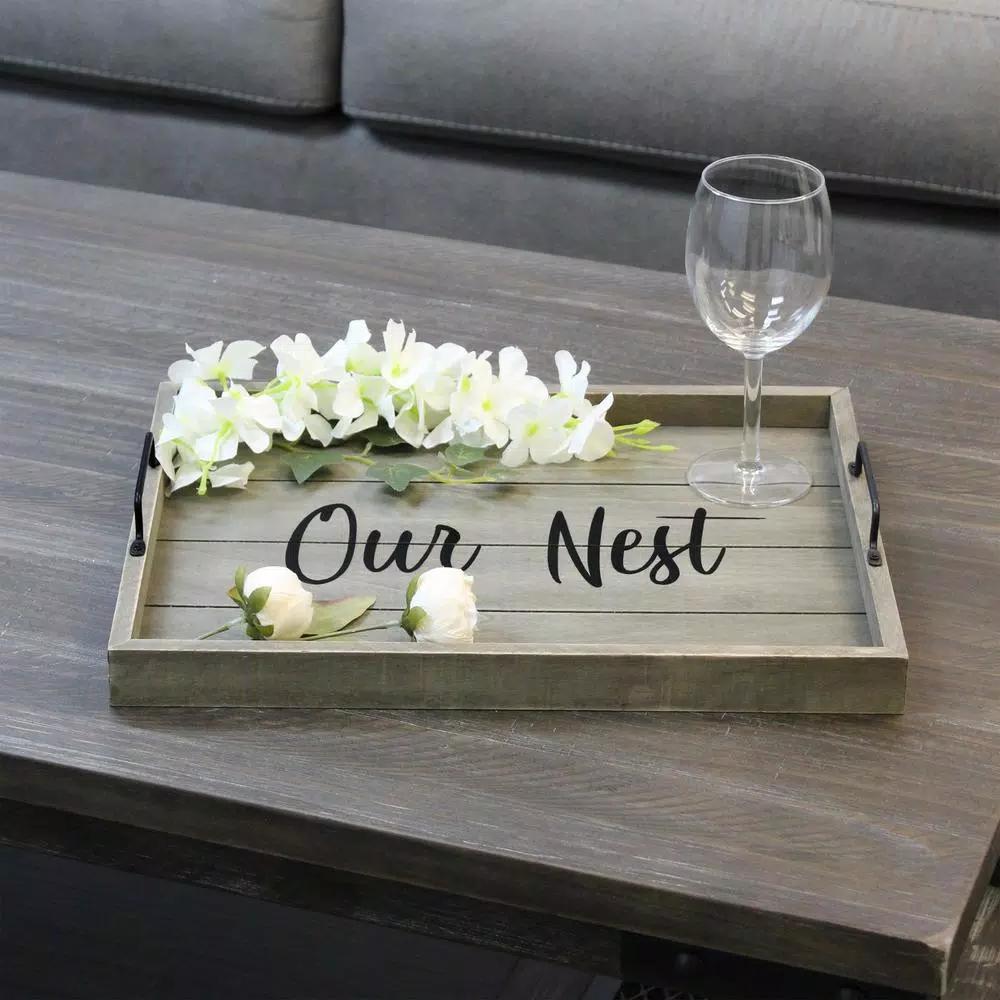 Elegant Designs Our Nest Rustic Gray Wooden Decorative Serving Tray with Black Metal Handles
