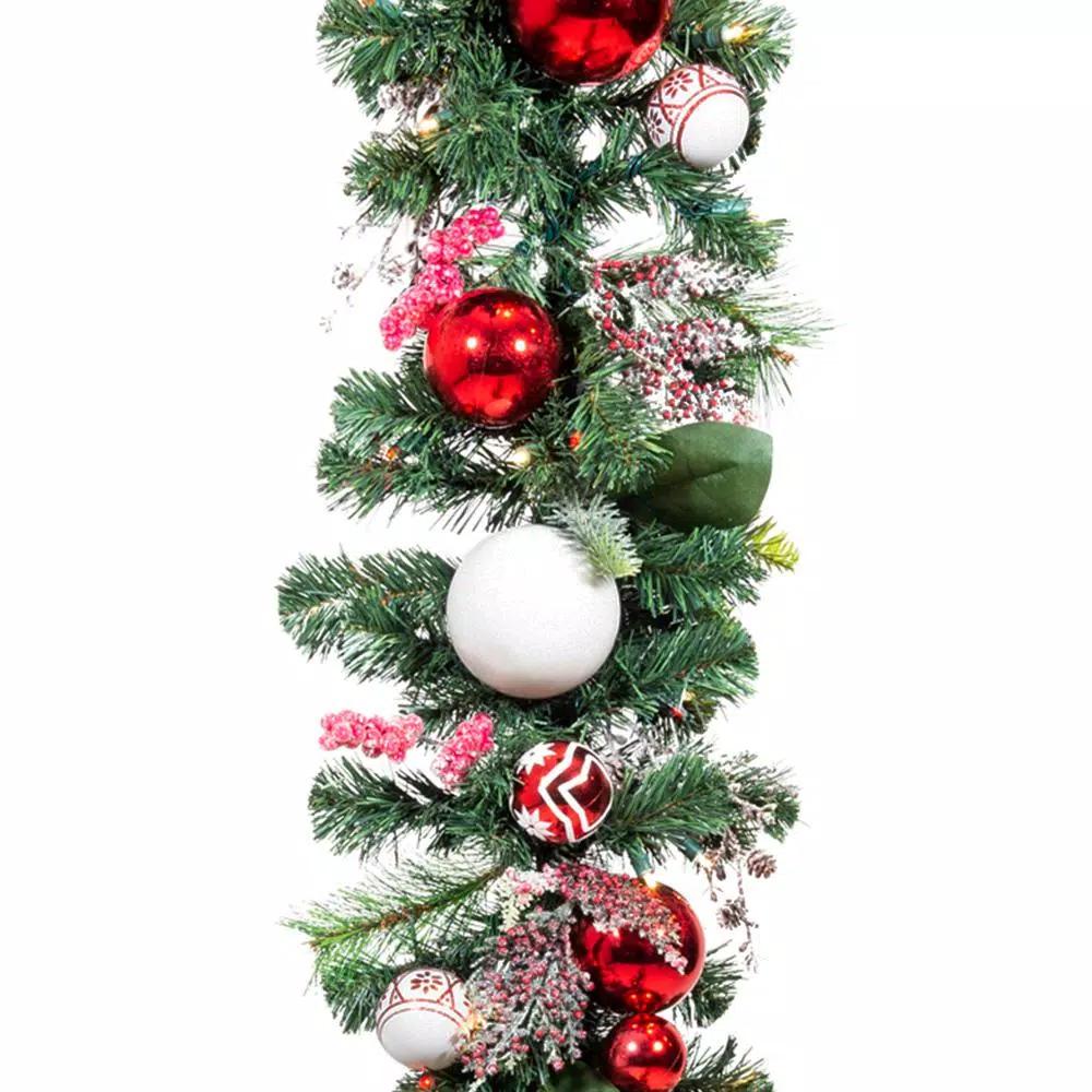 Village Lighting Company 9 ft. Pre-Lit LED Nordic Red and White Christmas Garland with 100 Mini Lights