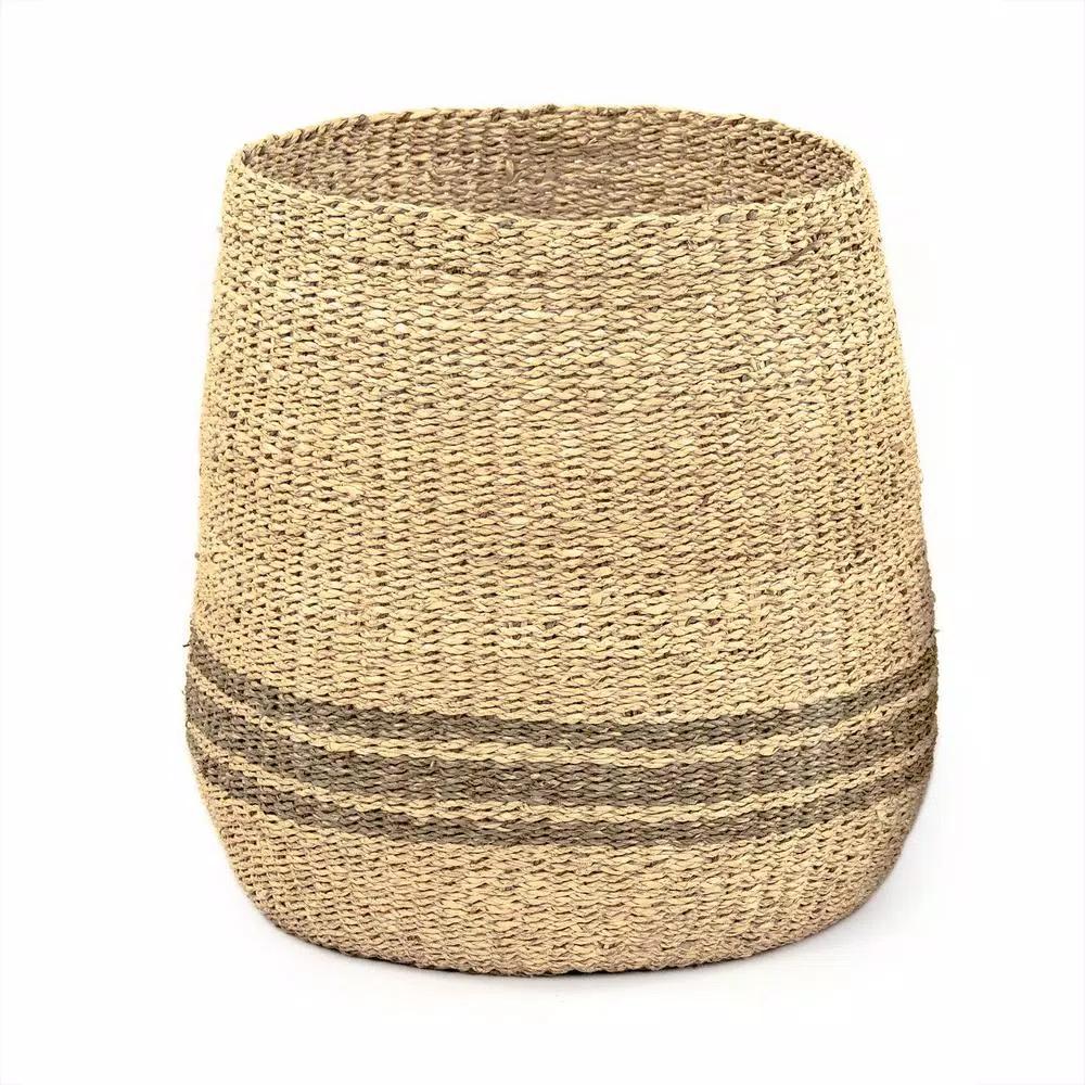 Zentique Hand Woven Seagrass and Palm Leaf Large Decorative Basket with Dark Pin Stripes