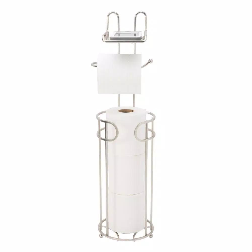 Bath Bliss Contemporary Freestanding Toilet Paper Holder with Built-in Phone Shelf and 4-Roll Storage, Satin