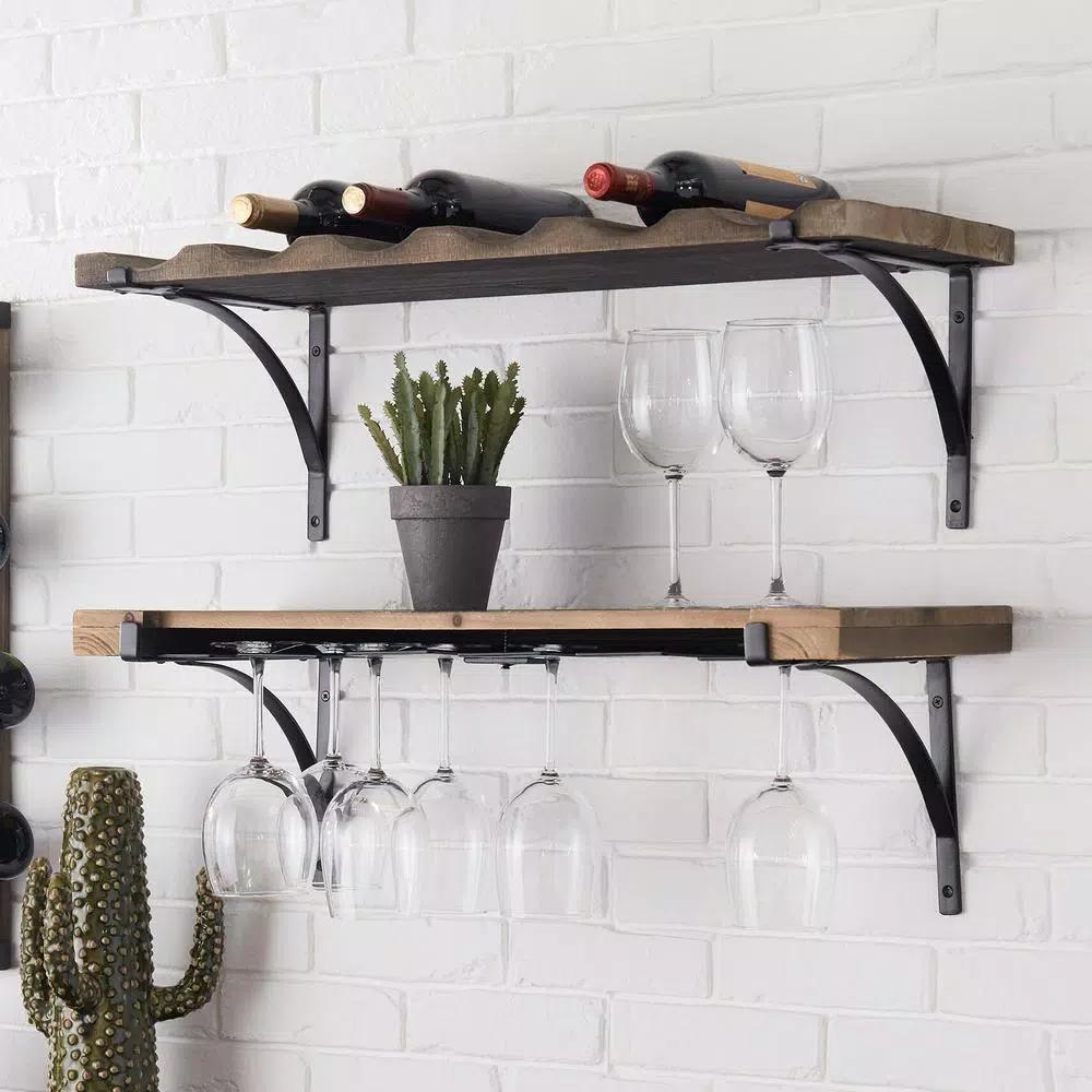 StyleWell Natural Wood and Metal Wall Mounted Wine Glass Organizer