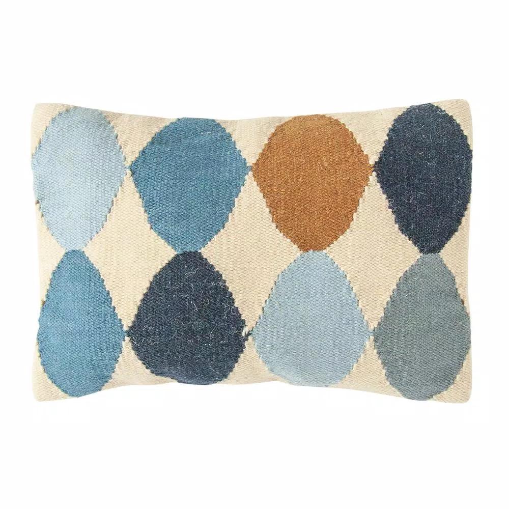 3R Studios Off-White Geometric Pattern Lumbar Throw Pillow, Blue and Brown, 26 x 16 in.