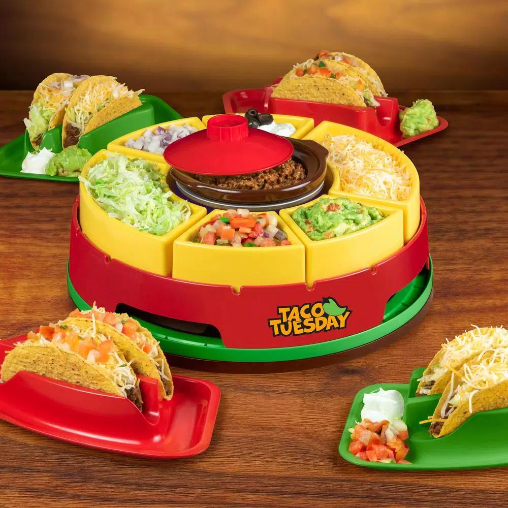 TACO TUESDAY Red Lazy Susan Taco Bar with 16 oz. Removable Warming Pot and 4 Taco Holders