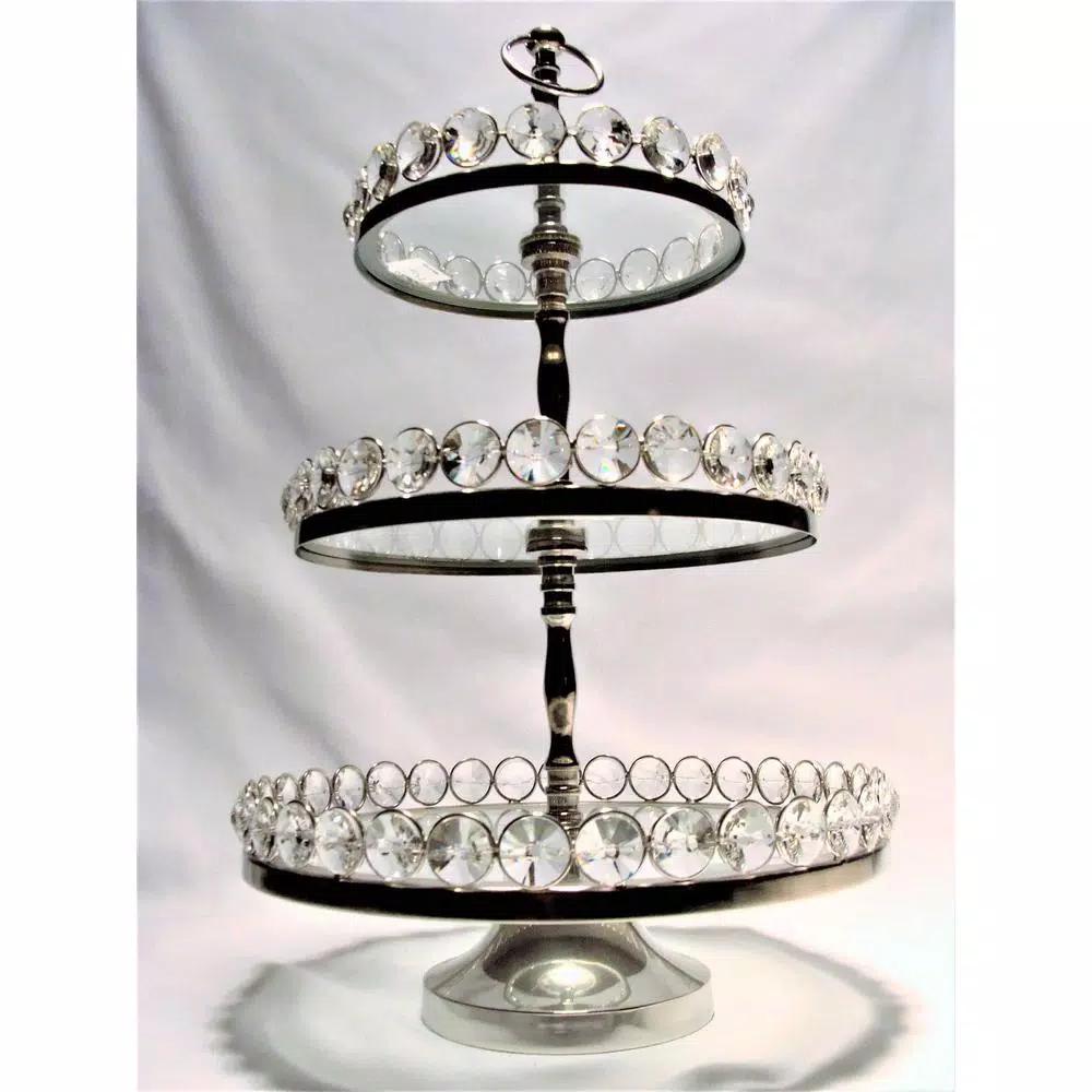 Heim Concept Silver 3-Tier Crystal and Stainless Steel Cake Stand, 20 in. H