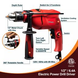 Boyel Living 6.4 Amp 1/2 in. Corded Hammer Drill Driver with Variable Speed and Rotatable Handle thumbnail 3