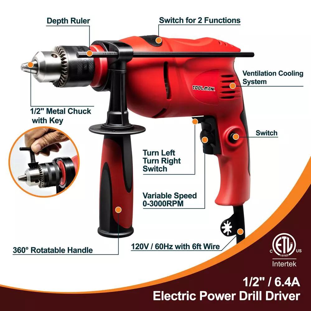 Boyel Living 6.4 Amp 1/2 in. Corded Hammer Drill Driver with Variable Speed and Rotatable Handle
