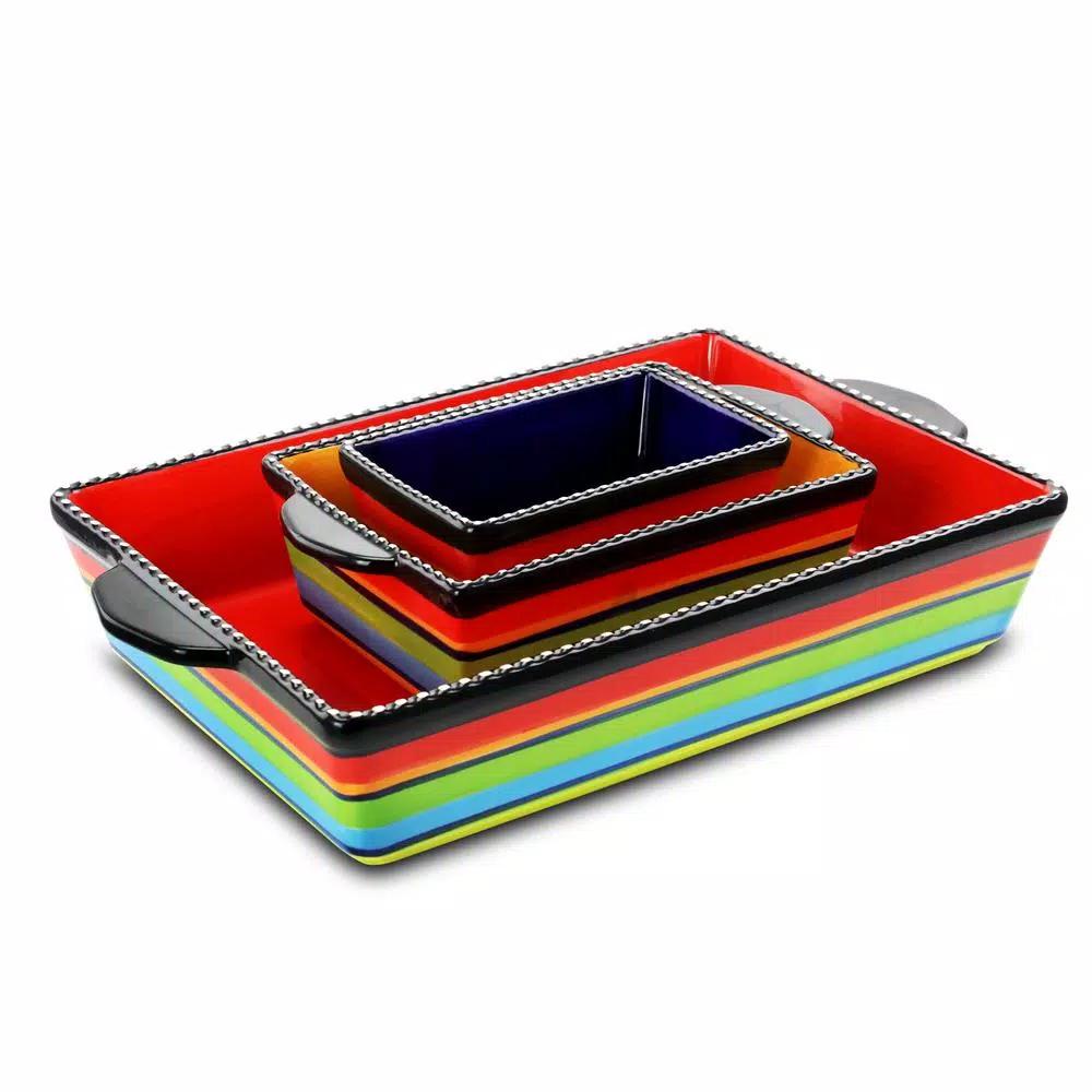 Gibson Pueblo Springs 3-Piece Stoneware Bakeware Set, Assorted Colors, Rectangular Ceramic Baking Dishes