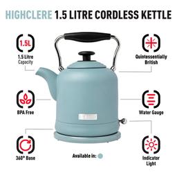 Haden Highclere 1.5L Electric Kettle, 6-Cup Cordless Kettle with Auto Shut-Off, Poole Blue thumbnail 3