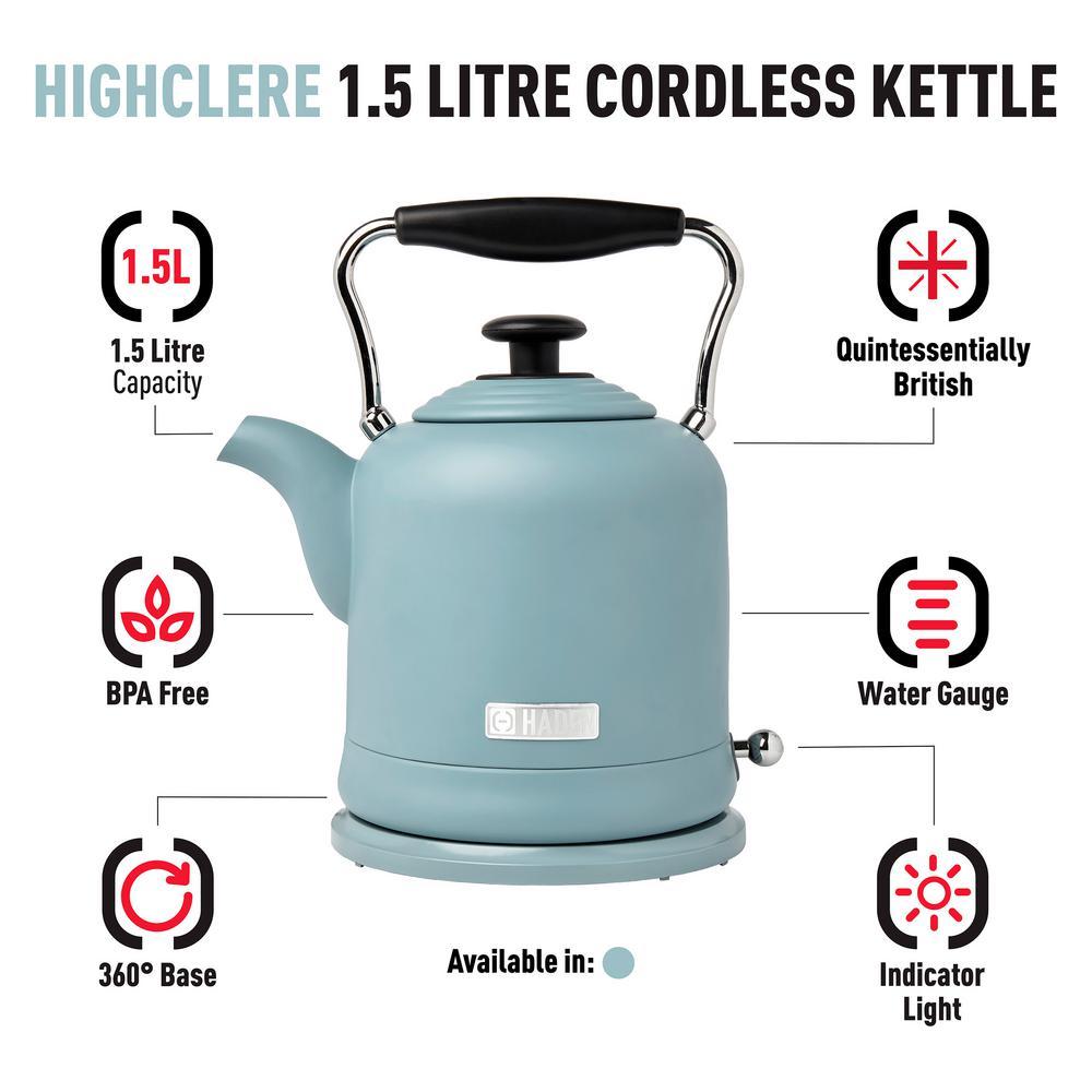 Haden Highclere 1.5L Electric Kettle, 6-Cup Cordless Kettle with Auto Shut-Off, Poole Blue