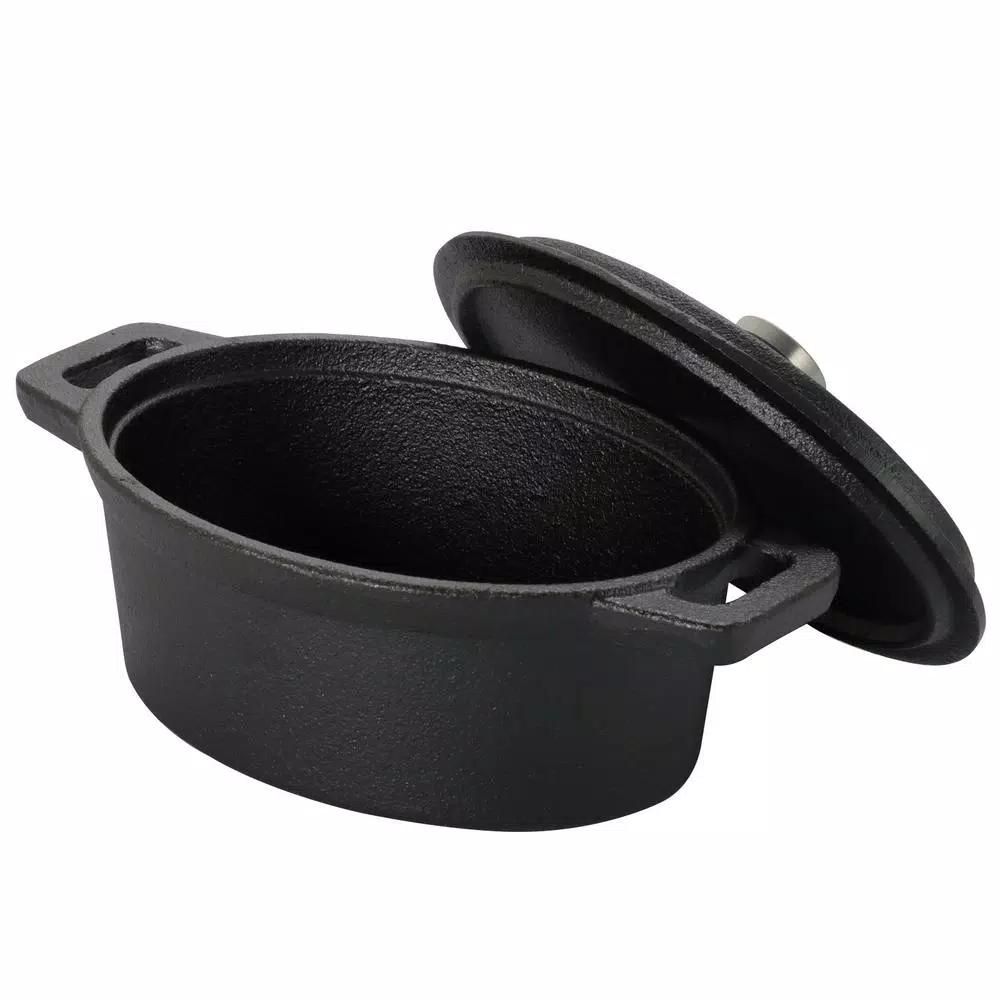Gibson Home Campton 0.35 qt. Oval Cast Iron Mini Casserole Dish with Lid and Wood Base, Black