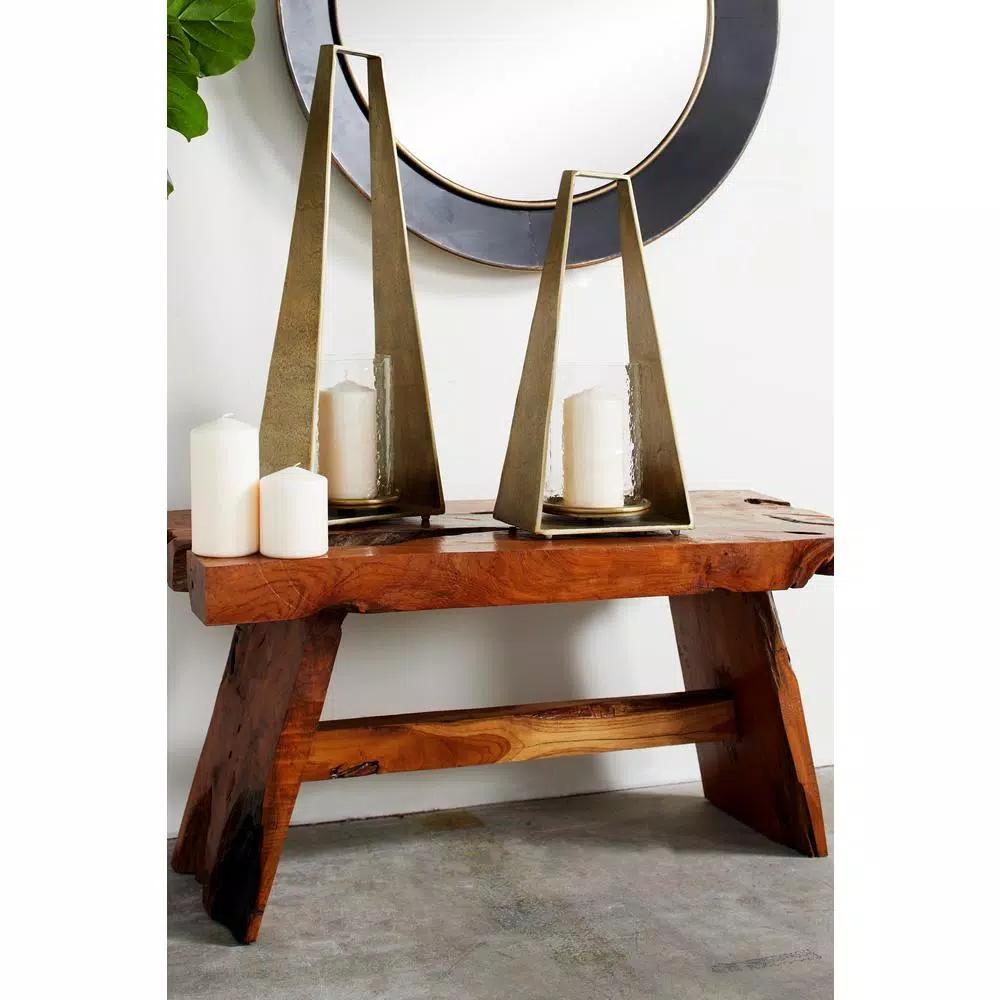 LITTON LANE Large Modern Gold Metal Triangular Candle Holder with Textured Hurricane Glass