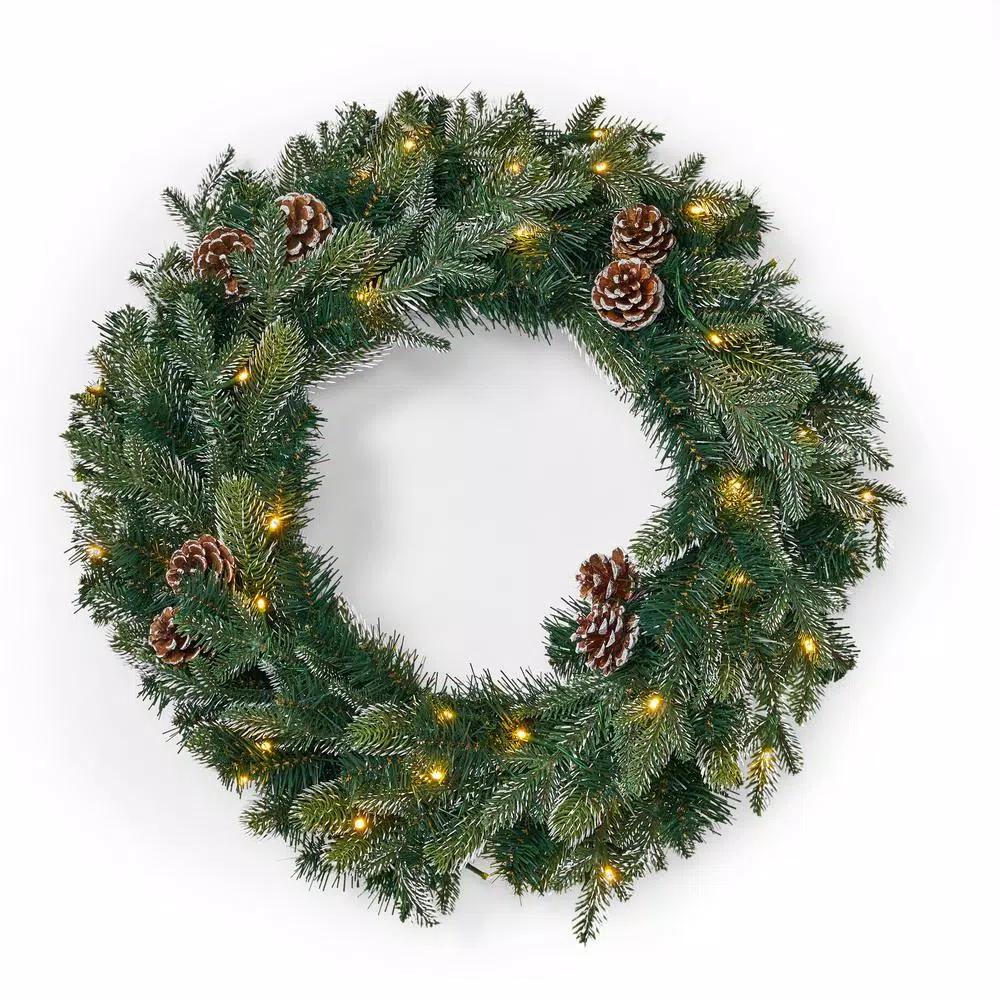 Noble House 24 in. Mixed Spruce Artificial Christmas Wreath with Pine Cones and Warm White LED Lights