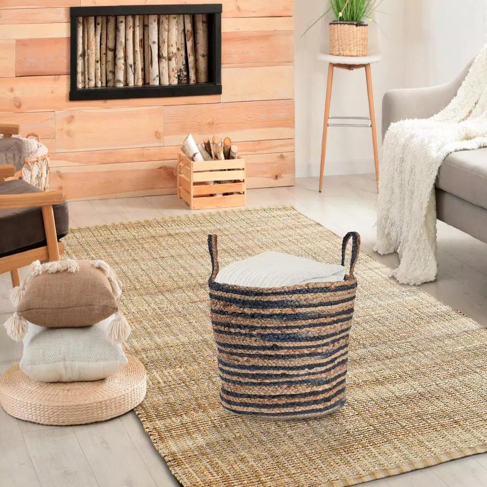 LR Home Wonder Striped Braided Navy Blue Natural Jute Decorative Storage Basket with Handles