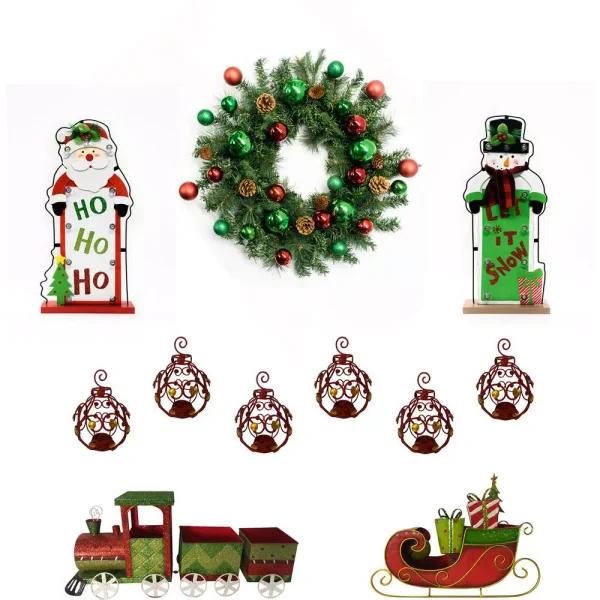 Fraser Hill Farm 24 in. Artificial Christmas Wreath Decor Set with Train, Sleigh, and LED Shelf Sitters