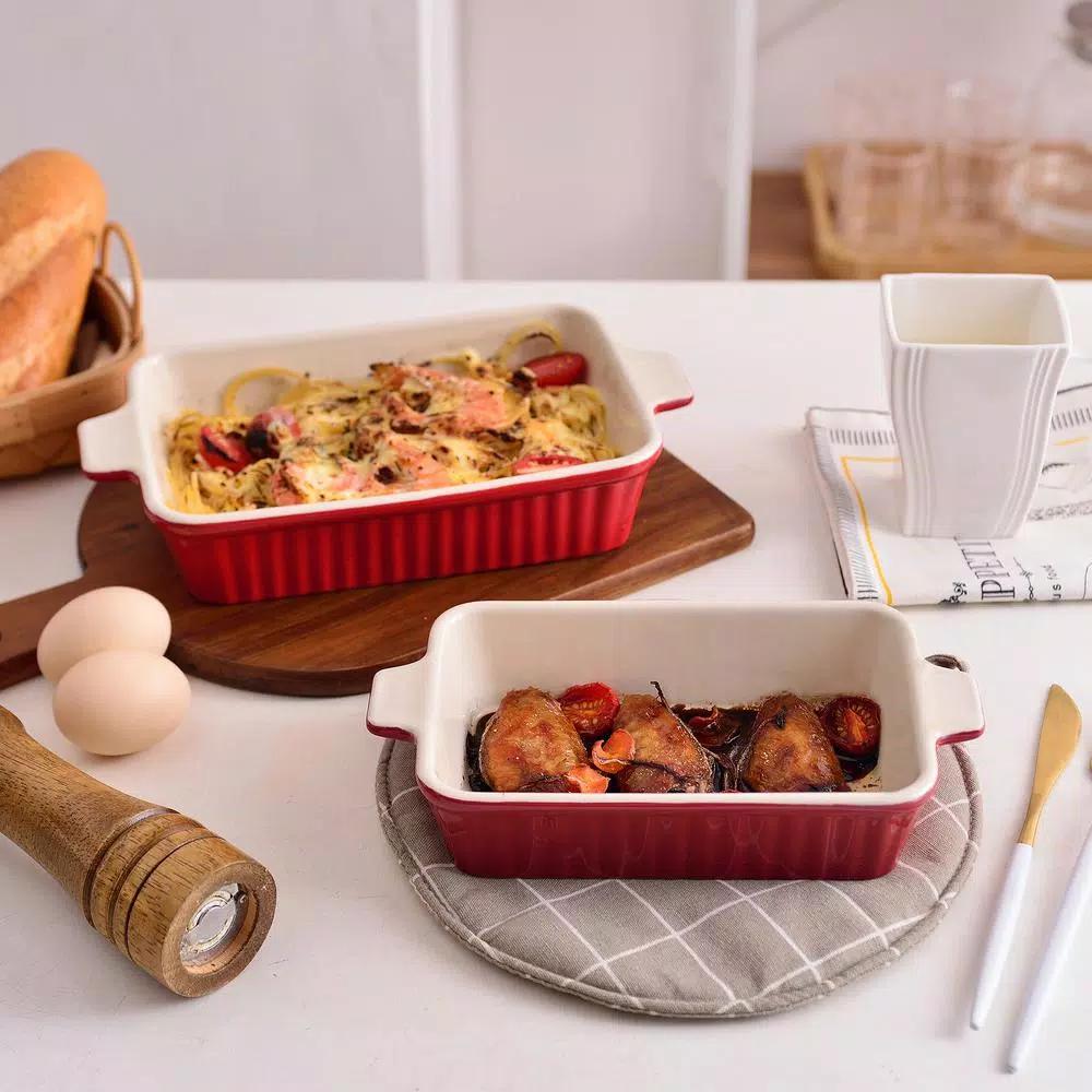 MALACASA 2-Piece Red Porcelain Rectangle Bakeware Set, 12 in. and 13 in. Ceramic Baking Dishes
