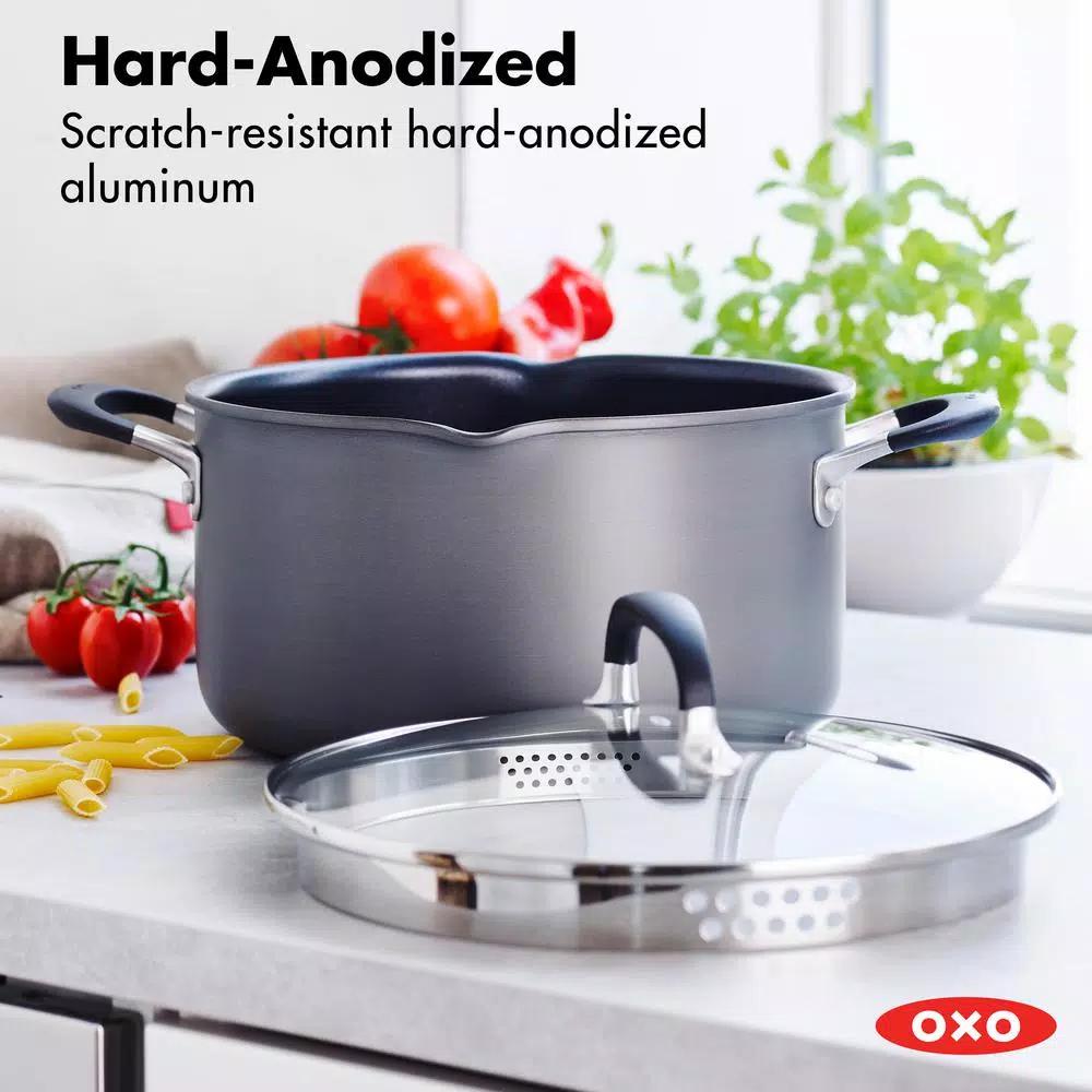 OXO Good Grips 6 qt. Hard-Anodized Aluminum Nonstick Stock Pot with Glass Lid, Gray