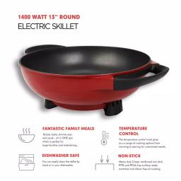 Boyel Living 1400W Professional Non-Stick Copper Electric Skillet, 13 in. Jumbo Capacity, Red thumbnail 6
