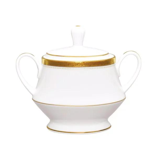 Noritake Charlotta Gold 10 oz. White Porcelain Sugar Bowl with Cover
