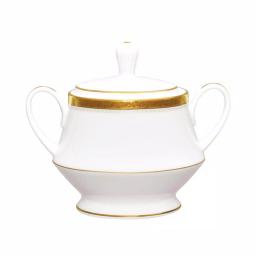 Noritake Charlotta Gold 10 oz. White Porcelain Sugar Bowl with Cover thumbnail 1